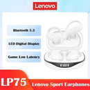 Lenovo-LP75 TWS Fones de Ouvido Esportivos Bluetooth 5.3, Fones de Ouvido Sem Fio, Impermeável, Hi Fi, Estéreo, Redução de Ruído, Fones de Ouvido Microfone, Novo - Primeiro Mundo